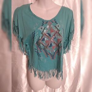 Self Esteem Green Geomertic Native American Boho Fringe Short Sleeve Crop Top M